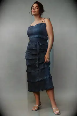 V. Chapman blue ruched and ruffled satin midi rehearsal dinner guest dress from Anthropologie