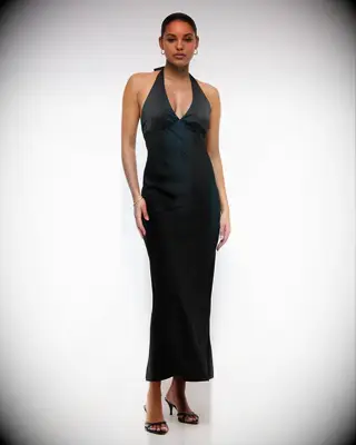 Black halter slip maxi cocktail rehearsal dinner guest dress from Abercrombie & Fitch