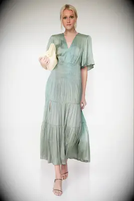 Maje green maxi rehearsal dinner guest dress from Rent the Runway