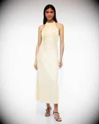 Yellow high neck linen rehearsal dinner guest dress from Abercrombie & Fitch