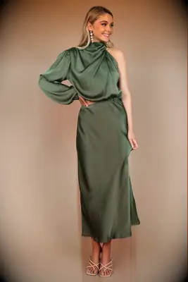 Green one shoulder midi rehearsal dinner guest dress from Petal & Pup