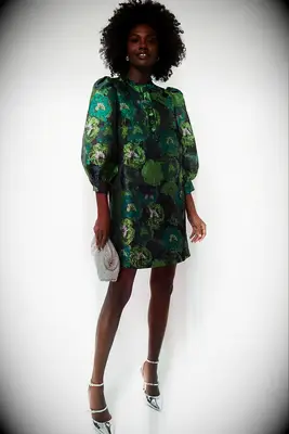 Pomander Place green floral jacquard rehearsal dinner guest dress from Tuckernuck