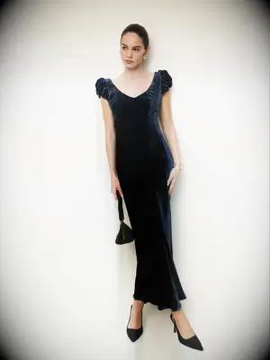 Navy velvet rehearsal dinner guest dress from Reformation