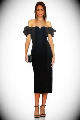 Black off the shoulder rehearsal dinner dress for guest from REVOLVE