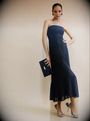 Navy strapless maxi cocktail rehearsal dinner guest dress from Reformation