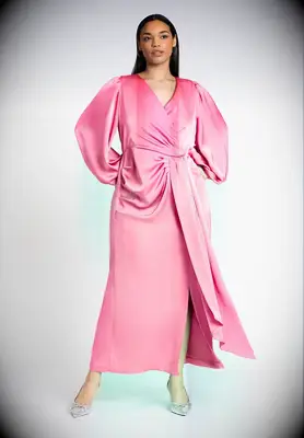 Pink satin puff sleeved cocktail rehearsal dinner guest dress from ELOQUII