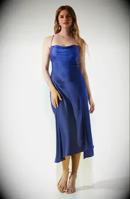 Blue satin midi cocktail rehearsal dinner guest dress from ASTR The Label