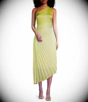 Green asymmetric one shoulder midi cocktail rehearsal dinner guest dress from Dillard