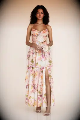 Birdy Grey chiffon coral floral wedding guest dress
