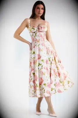 House of CB pink floral wedding guest dress