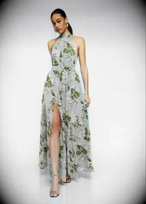 Reformation floral halter neck wedding guest dress