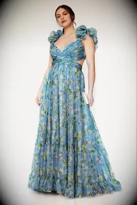 Ieena for Mac Duggal blue floral maxi wedding guest dress