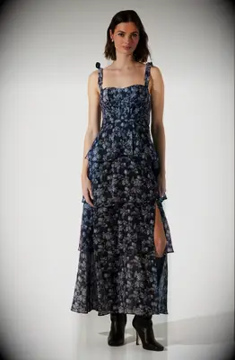 ASTR The Label navy and gray floral wedding guest dress