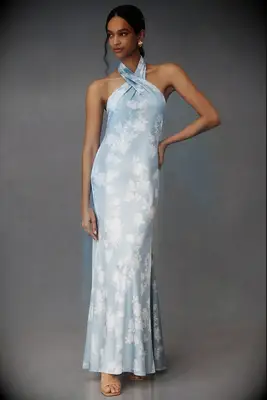 BHLDN blue halter neck floral wedding guest dress