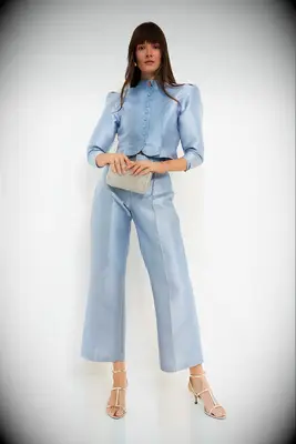 Blue satin puff-sleeve jacket cropped pantsuit for mother of the bride
