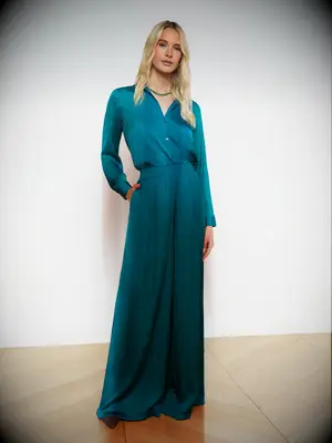 Teal mother-of-the-bride pants and matching button-down top