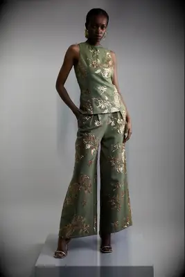 Sleeveless khaki pantsuit with gold sequins for mother of the bride