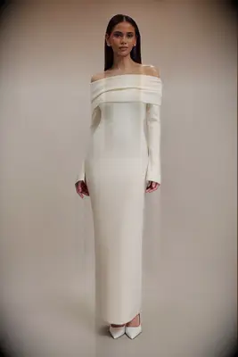 Meshki off-shoulder knit maxi bridal shower dress