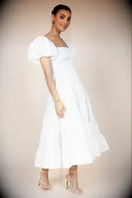 Petal + Pup puff sleeve shirred white midi bridal shower dress
