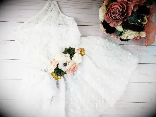 White lace dog wedding dress. 