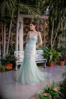 Strapless pale green wedding dress, best pastel wedding dresses 2023. 