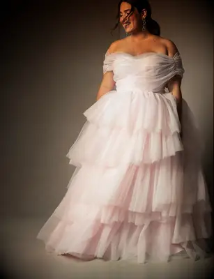 Tiered pink tulle wedding dress. 