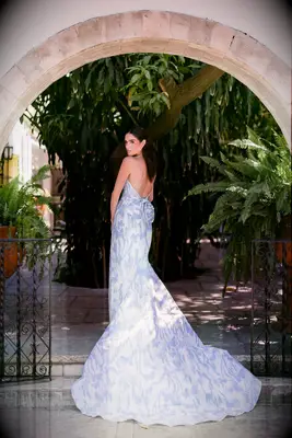 Floral print pastel wedding dress by Nadia Manjarrez. 