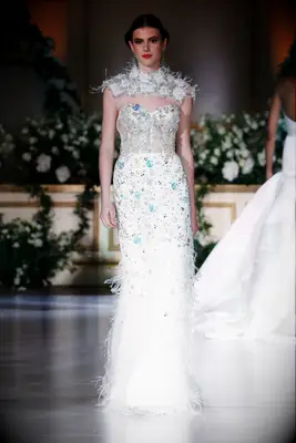 Irridescent pastel wedding dress by Nardos, best pastel wedding dresses 2023-2024. 