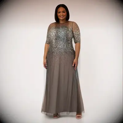 Grey plus size beaded illusion gown for grandmother of the groom