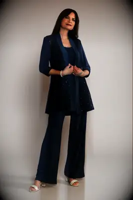 Navy Sequin Lace and Jersey Three-Piece Pantsuit for grandmother of the groom