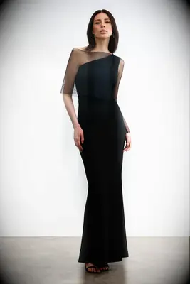 Black full length evening gown with mesh sleeve detail for grandmother of the groom