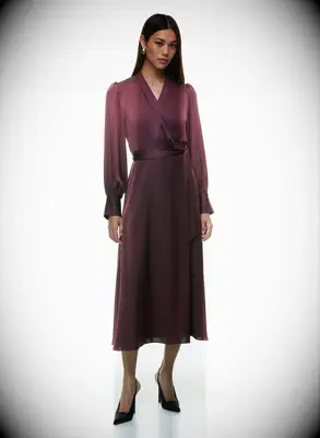 Burgundy satin wrap midi dress for grandmother of the groom