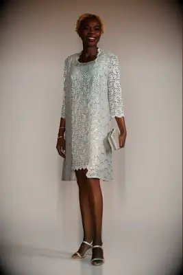 Silver beaded lace short sheath dress with jacket for grandmother of the groom