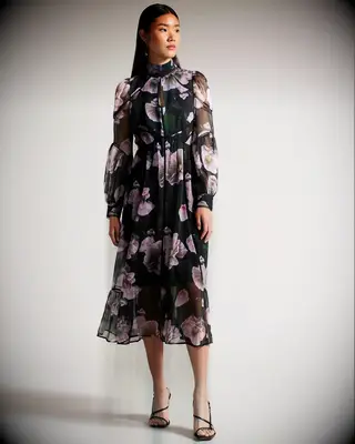 Black Floral Midi Dress With Ladder Lace for grandmother of the groom