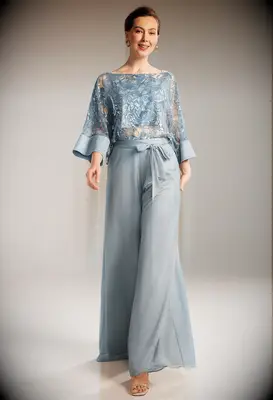 Silver blue glitter mesh pants set for grandmother of the groom
