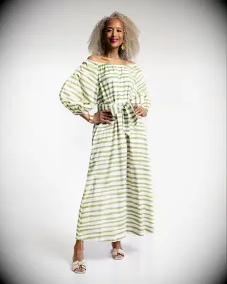 Off the shoulder green and white striped maxi dress for grandmother of the groom