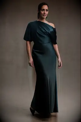 Dark green Off-Shoulder Satin Column grandmother of the groom dress