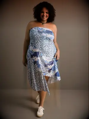 Blue floral strapless dress