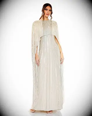 Gold sequin mother-of-the-groom gown with cape overlay