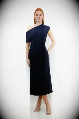 Navy off-the-shoulder midi cocktail dress for mother of the groom