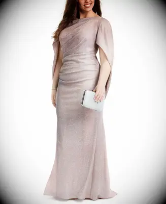 Light pink sparkly mother-of-the-groom dress with cape