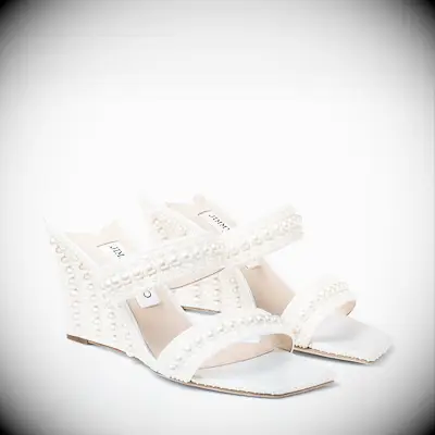 Pearl-embellished ivory satin wedding wedges