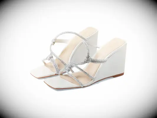 White square-toe wedges with rhinestone straps
