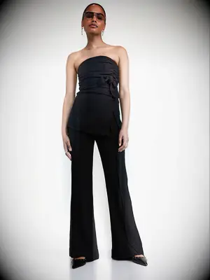 GANNI strapless top and flare pants set for wedding guest
