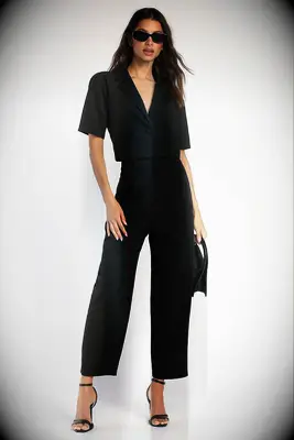 Lulus black blazer and trouser pants for wedding guest