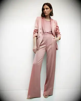 Pink satin pantsuit for wedding guest outfit