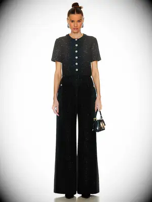 Amanda Uprichard matching black glittery pantsuit for wedding guests