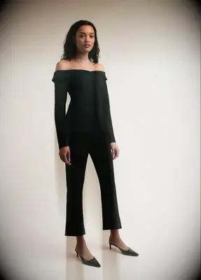 Off-the-shoulder jacket and flare pant set for wedding guest