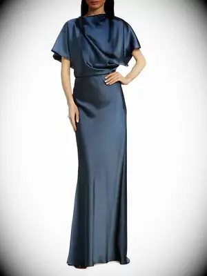 Amsale draped satin navy spring mother of the groom gown