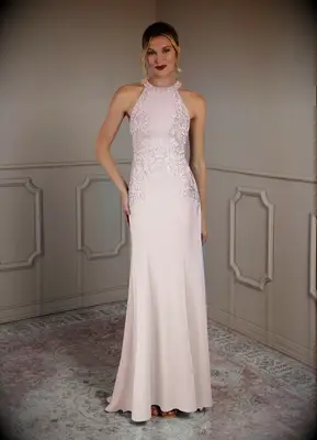 Azazie pink halter neck spring mother of the groom lace dress
